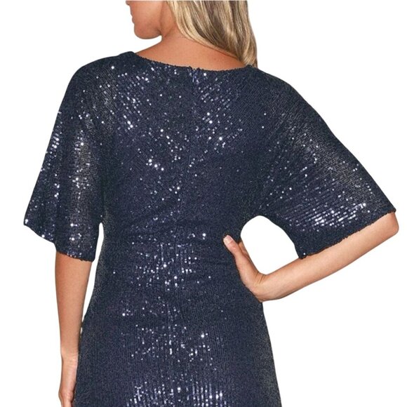 Lulus NWT Weekender Navy Blue Faux Wrap Sequin Mini Dress Size L - Picture 7 of 11